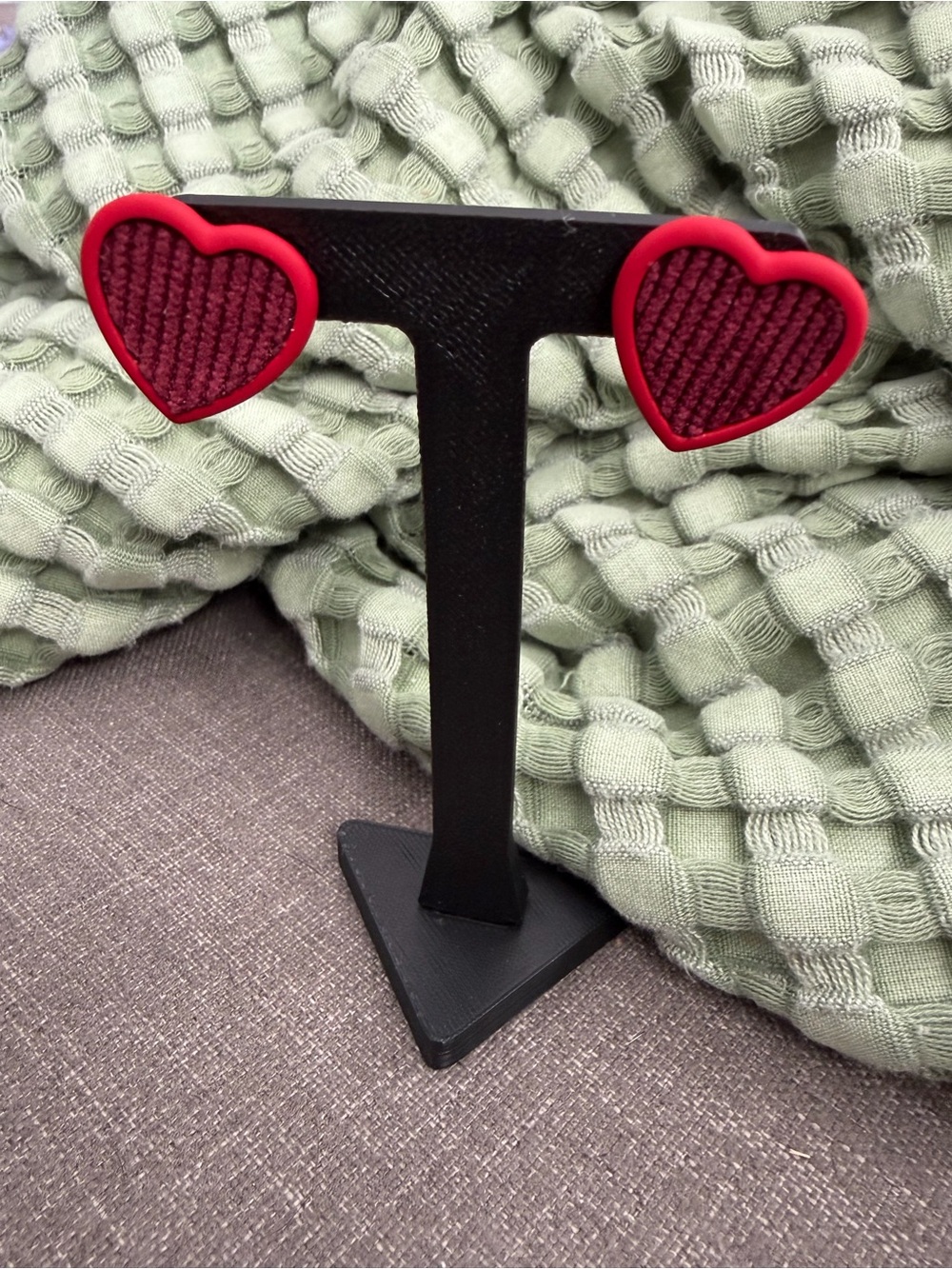 Oversized Red Heart Textured Fabric Statement Stud Earrings